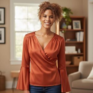 Boston Proper Orange Satin Bell Sleeve‎ Faux Wrap Top Size 6